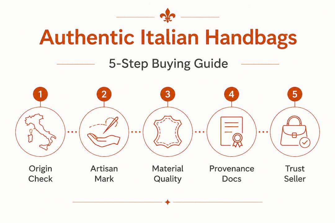 Infographic with five steps for authentic handbag buying
