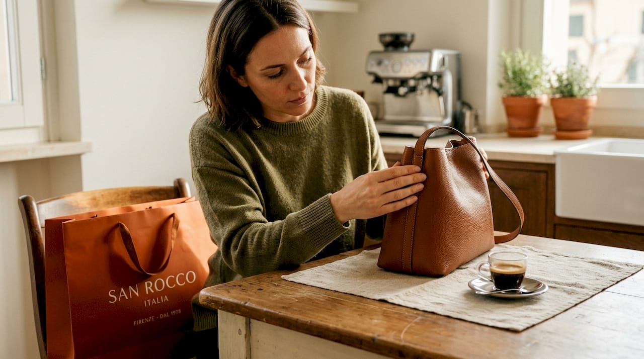 Woman inspecting leather bag at kitchen table