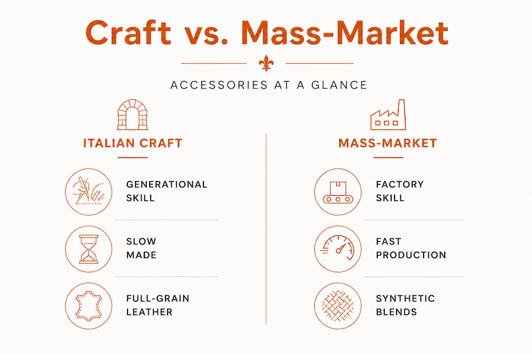 Infographic comparing Italian craft vs mass-market accessories