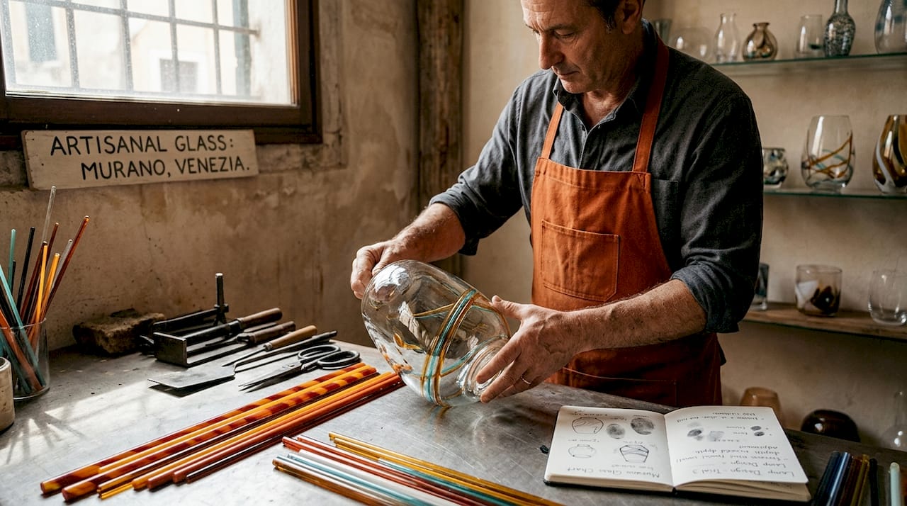 Artisan inspecting Murano glass lamp