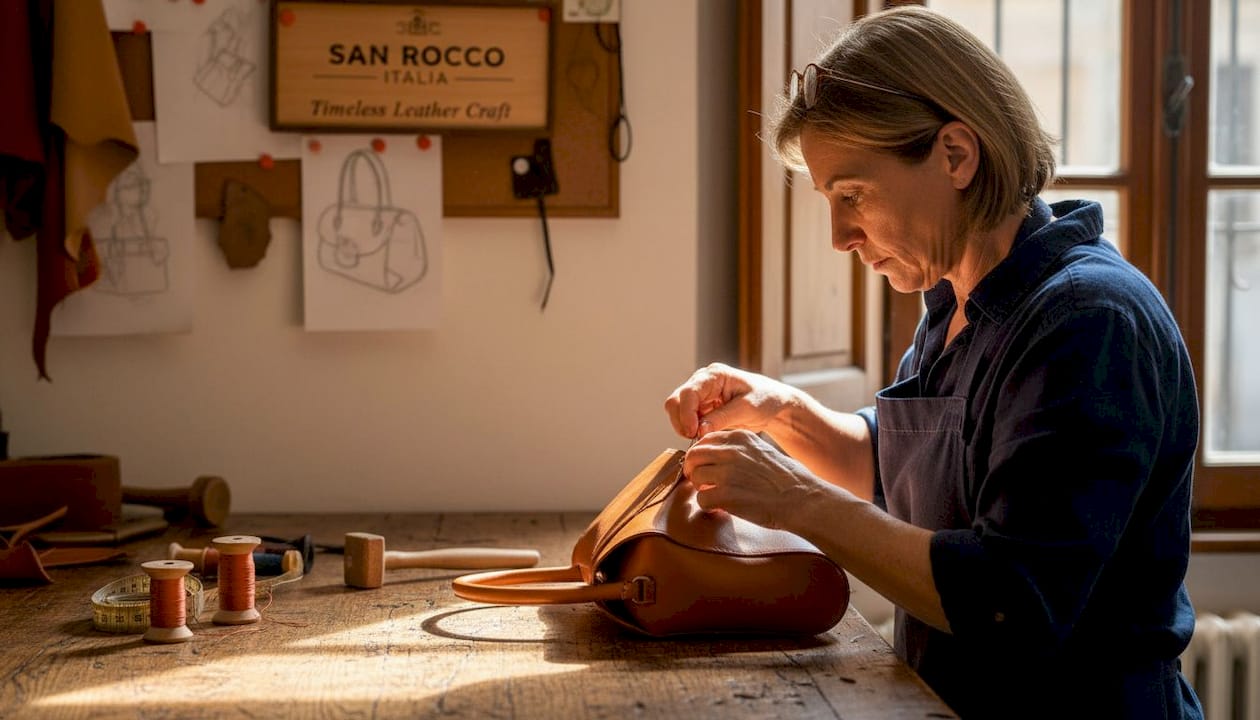 Artisan hand-stitching Italian leather handbag