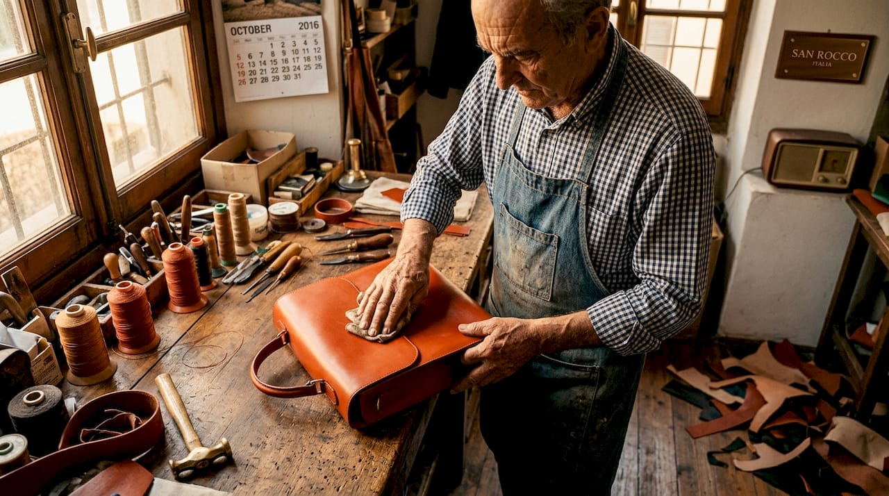 Artisan polishing leather bag in cluttered workshop
