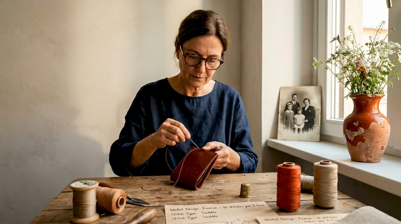 Artisan sewing at table with family photo and flowers
