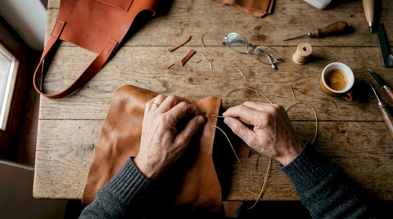 Hands stitching leather with artisanal detail