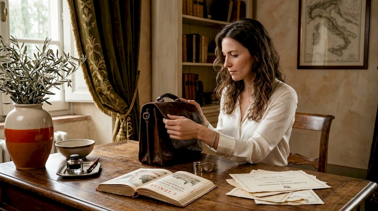 Woman examining vintage European leather bag
