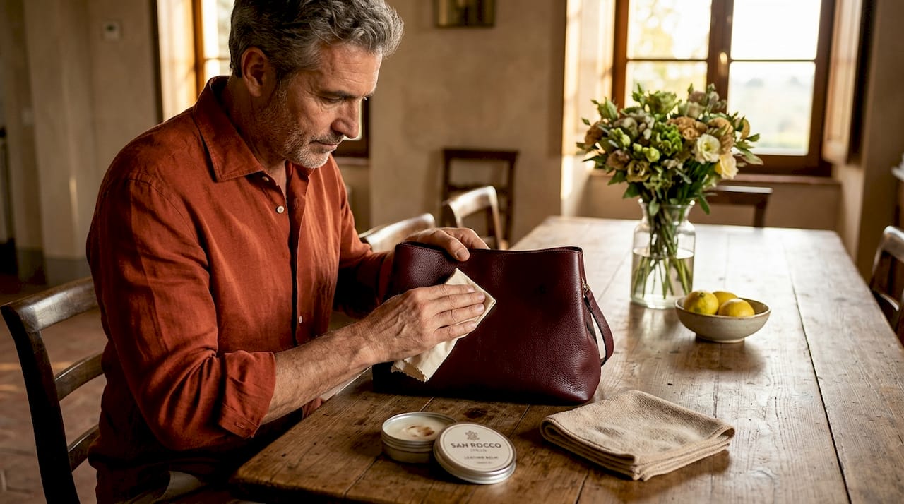 Hand applying conditioner to Italian leather bag