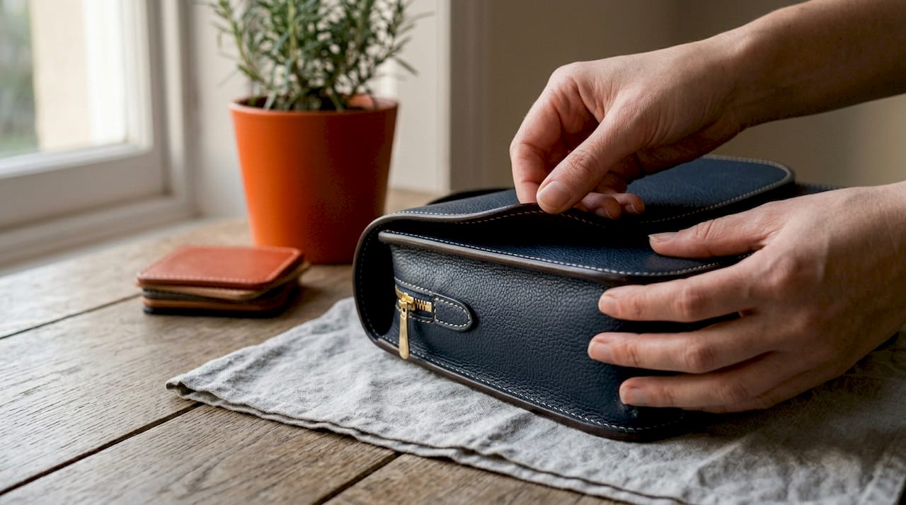 Hands examining handbag stitching detail