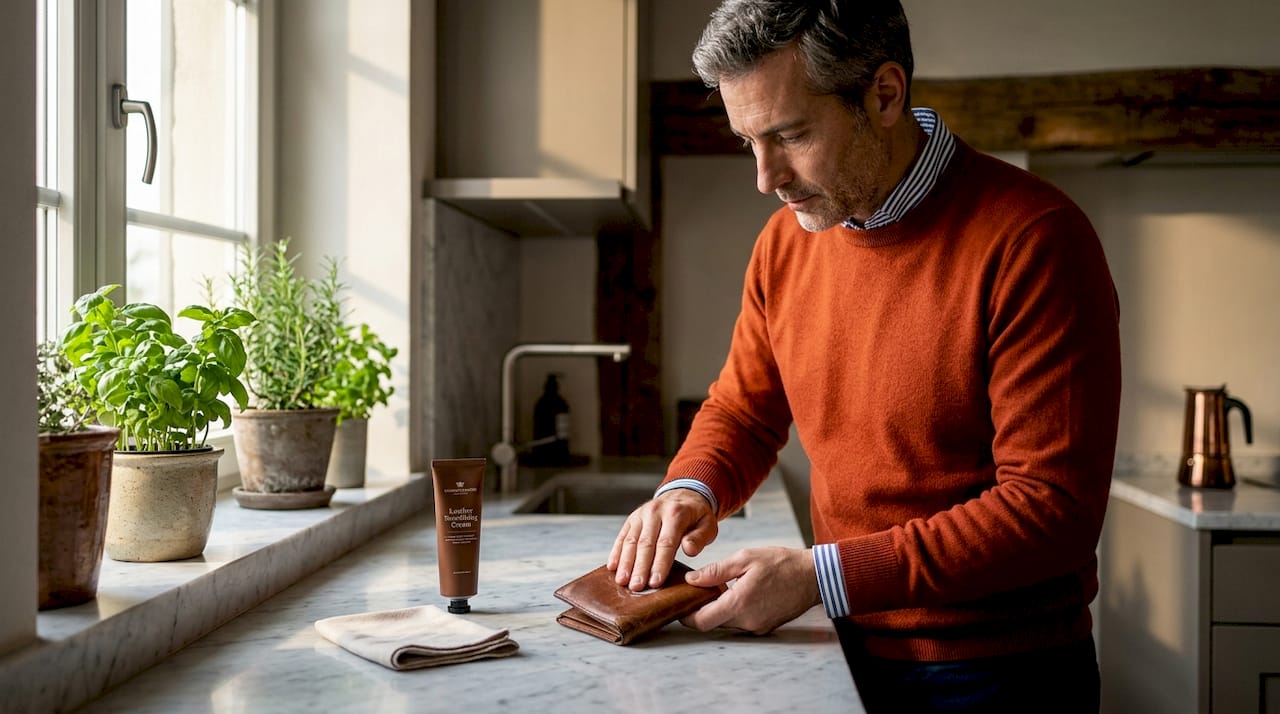 Man conditioning leather wallet at desk
