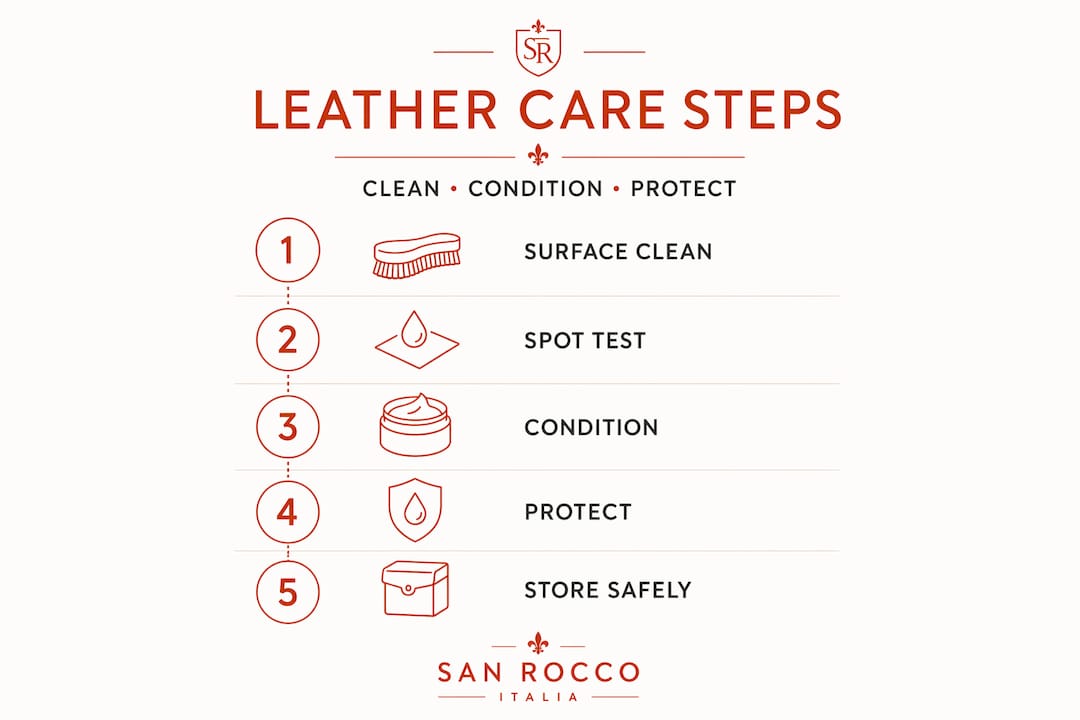 Infographic showing leather care step-by-step process