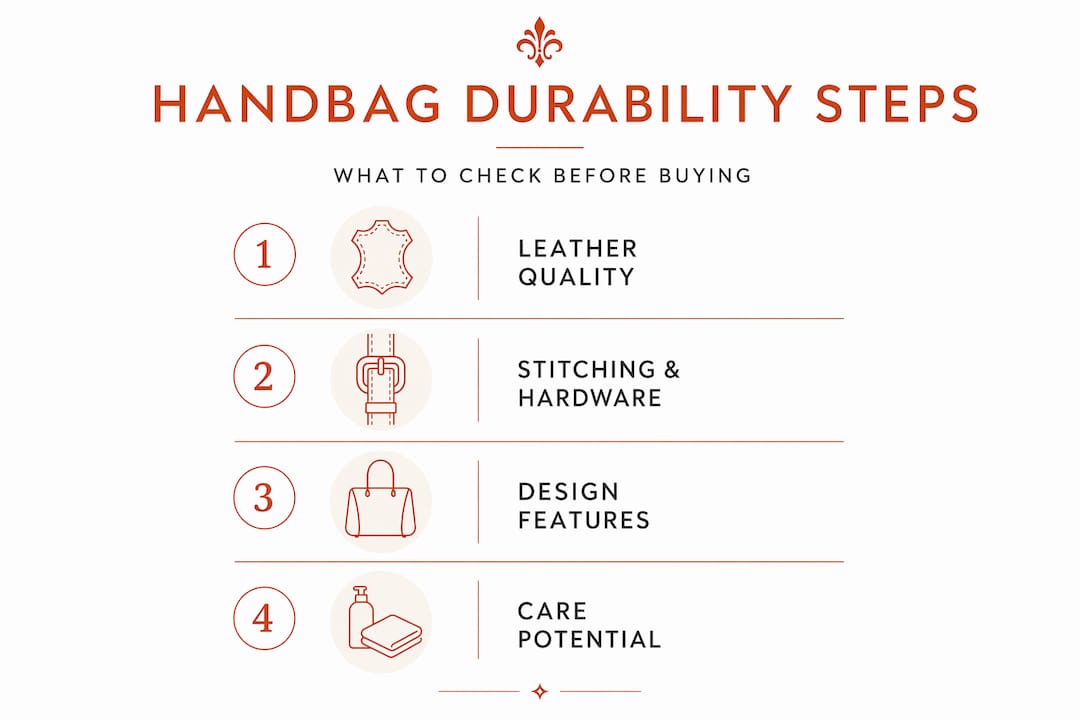 Infographic outlining steps to evaluate handbag durability