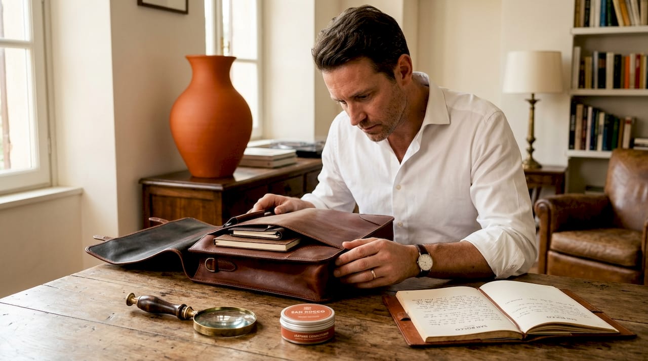 Man inspecting leather bag seam closely