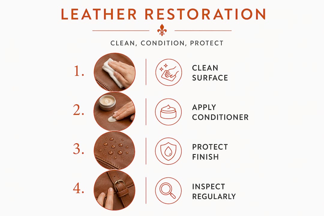 Infographic showing step-by-step leather restoration