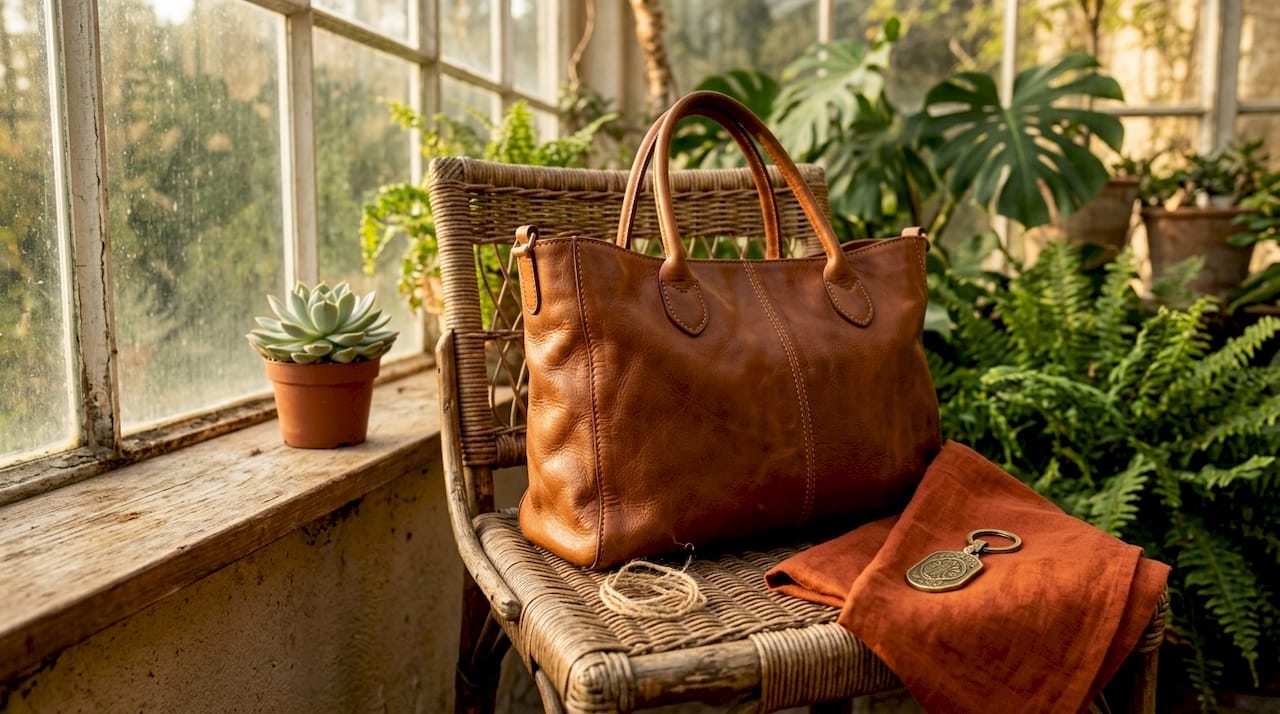 Close-up authentic leather handbag stitching details