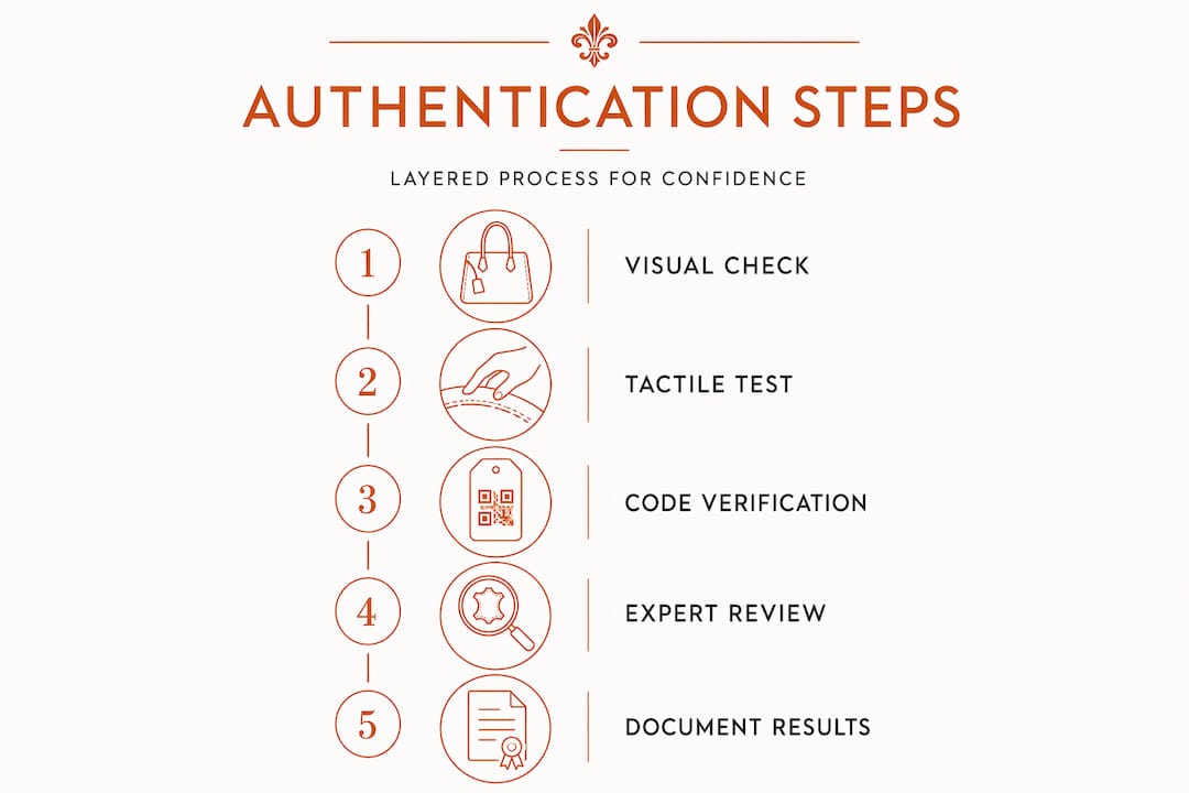 Infographic showing layered handbag authentication steps