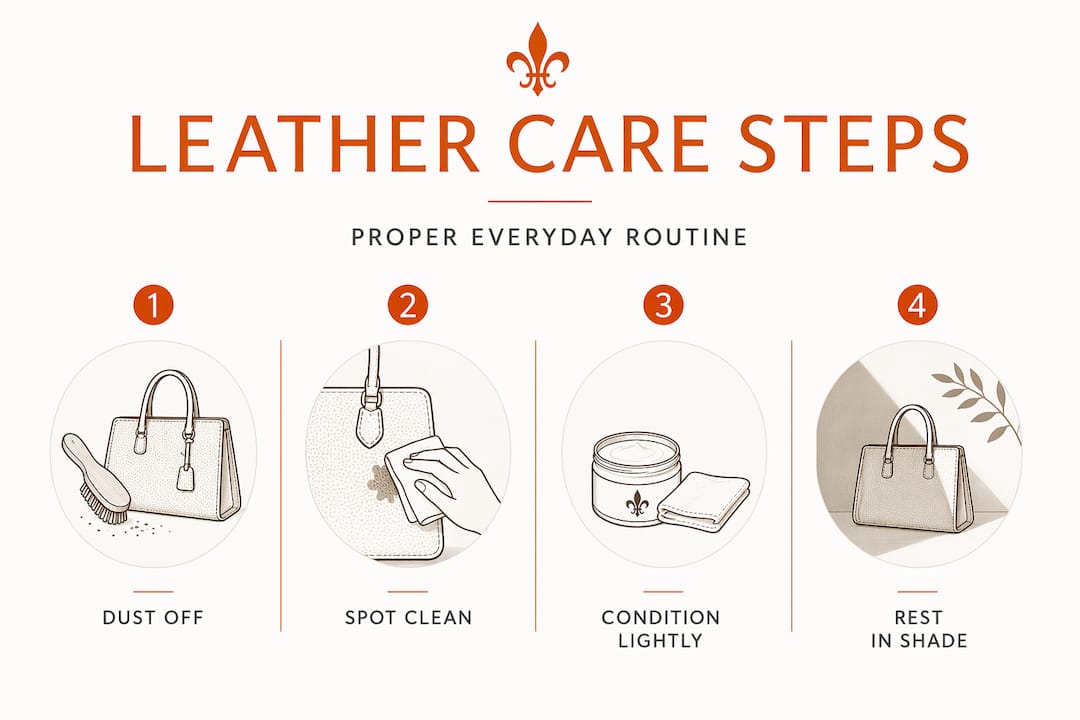 Infographic showing four-step leather care process