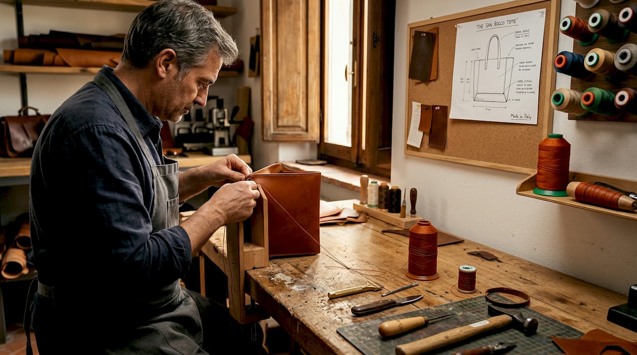 Leather artisan hand-stitching a bag in studio