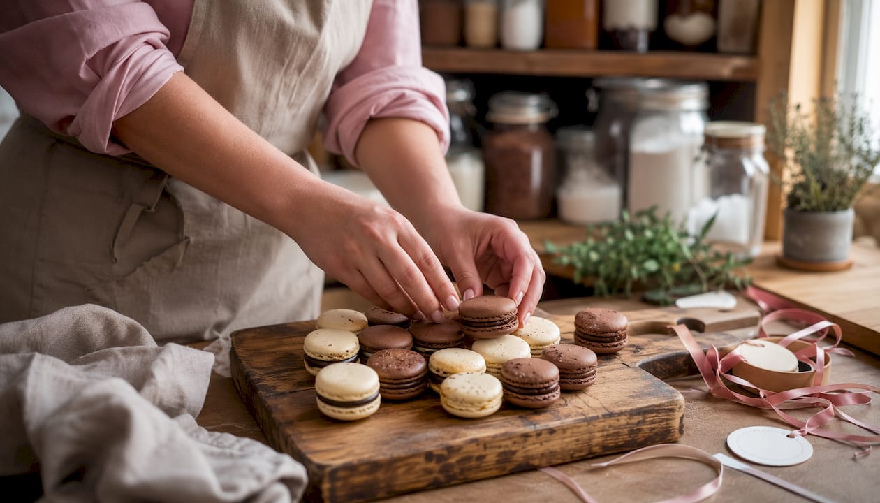 Baker arranging coordinated colored macarons