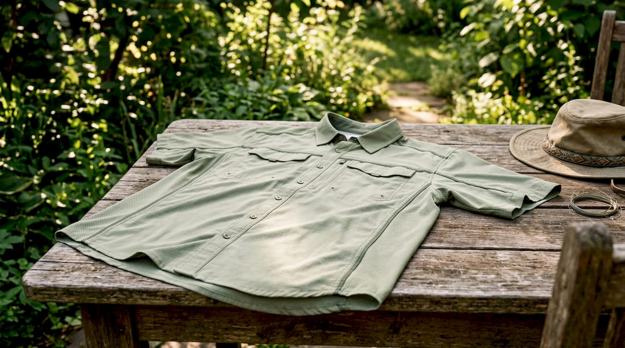 Close-up of UPF fishing shirt fabric and reinforced seam
