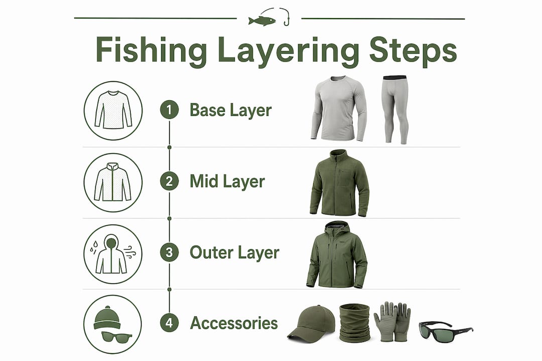 Infographic showing fishing clothing layering steps