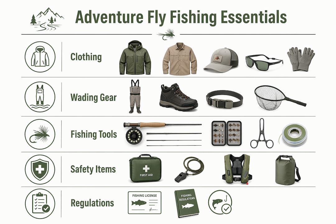 Infographic illustrating fly fishing gear checklist