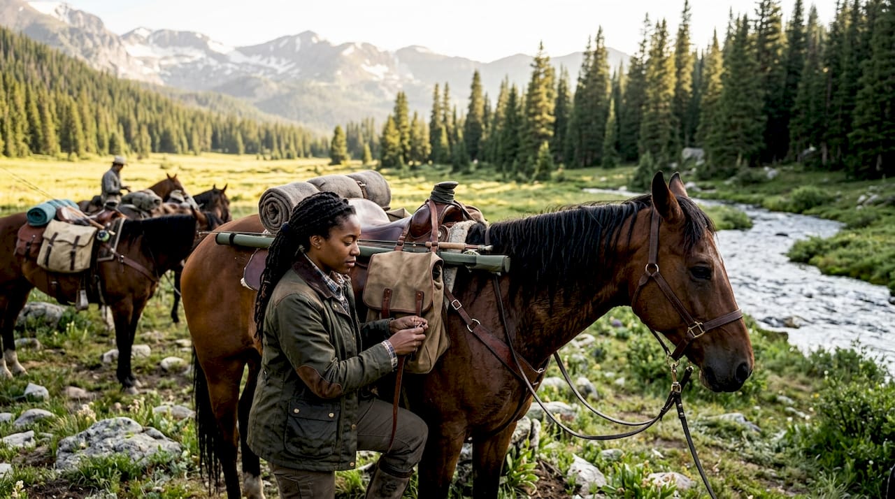 Woman prepping horses for fishing trip
