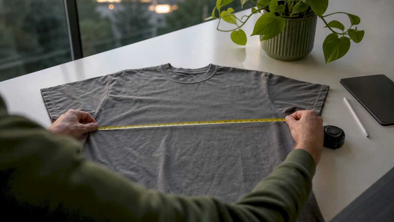 Hands measuring chest width of Comfort Colors shirt