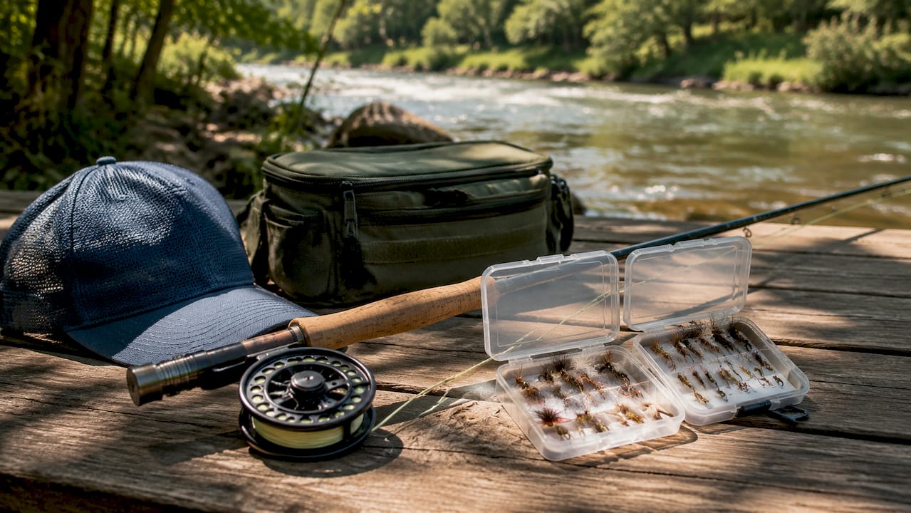 Beginner fly fishing starter gear on table