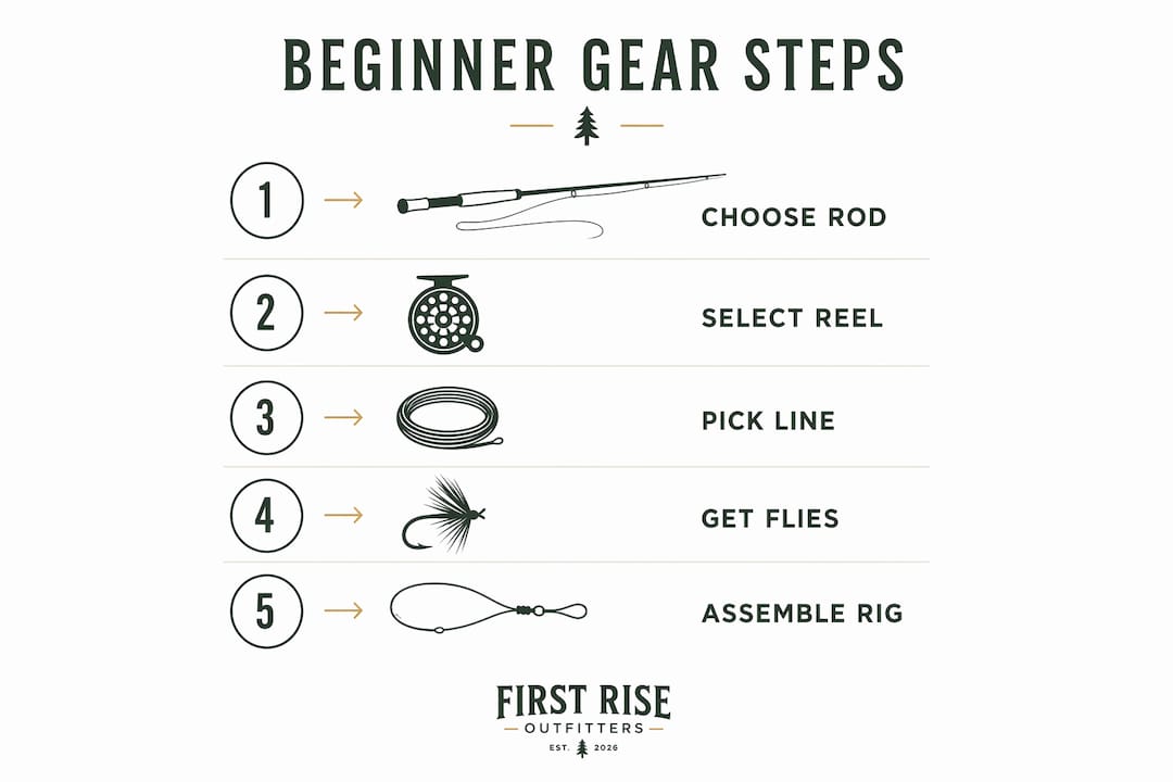 Infographic showing beginner fly fishing gear steps