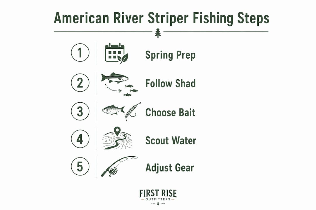 Infographic illustrating steps for striper fishing season