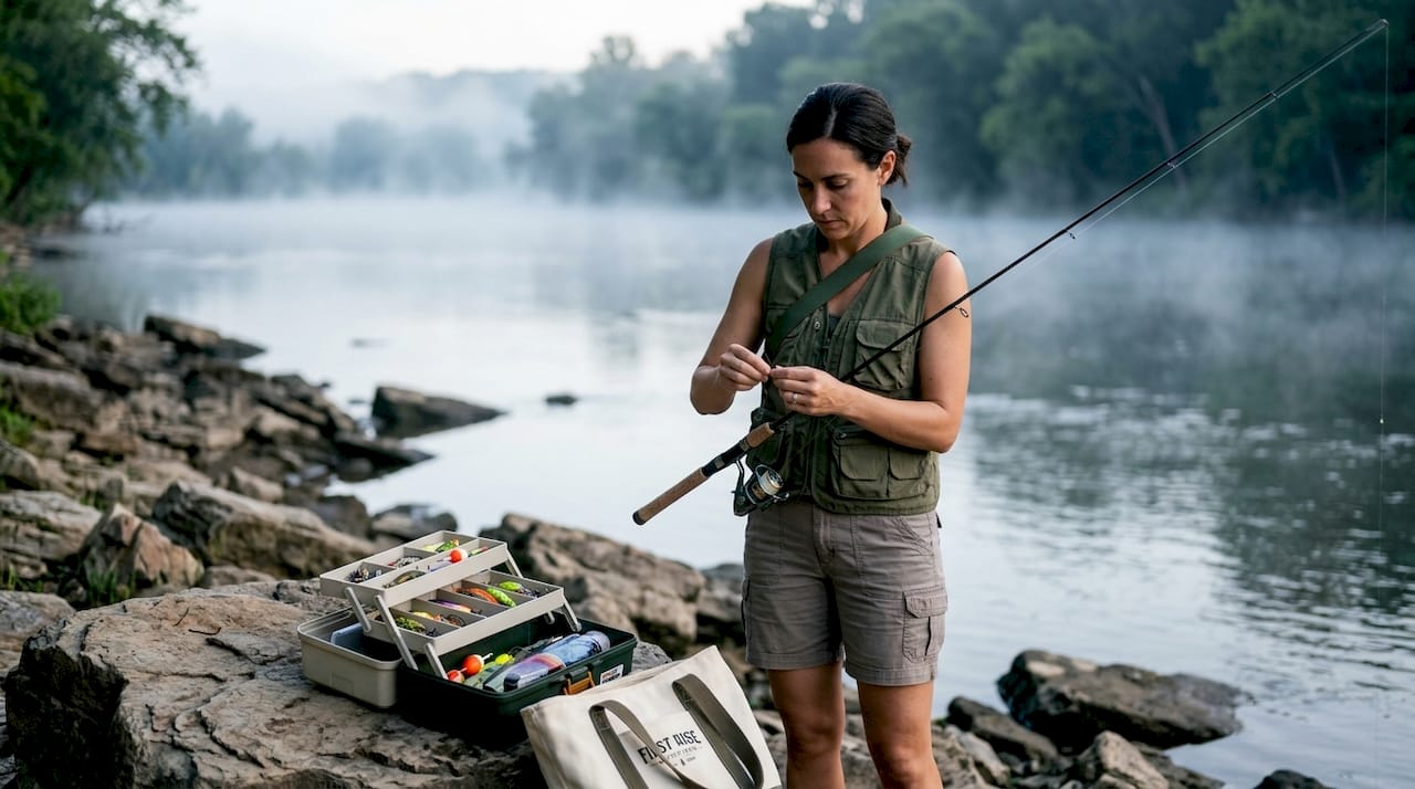 Angler assembling spinning rod on dock