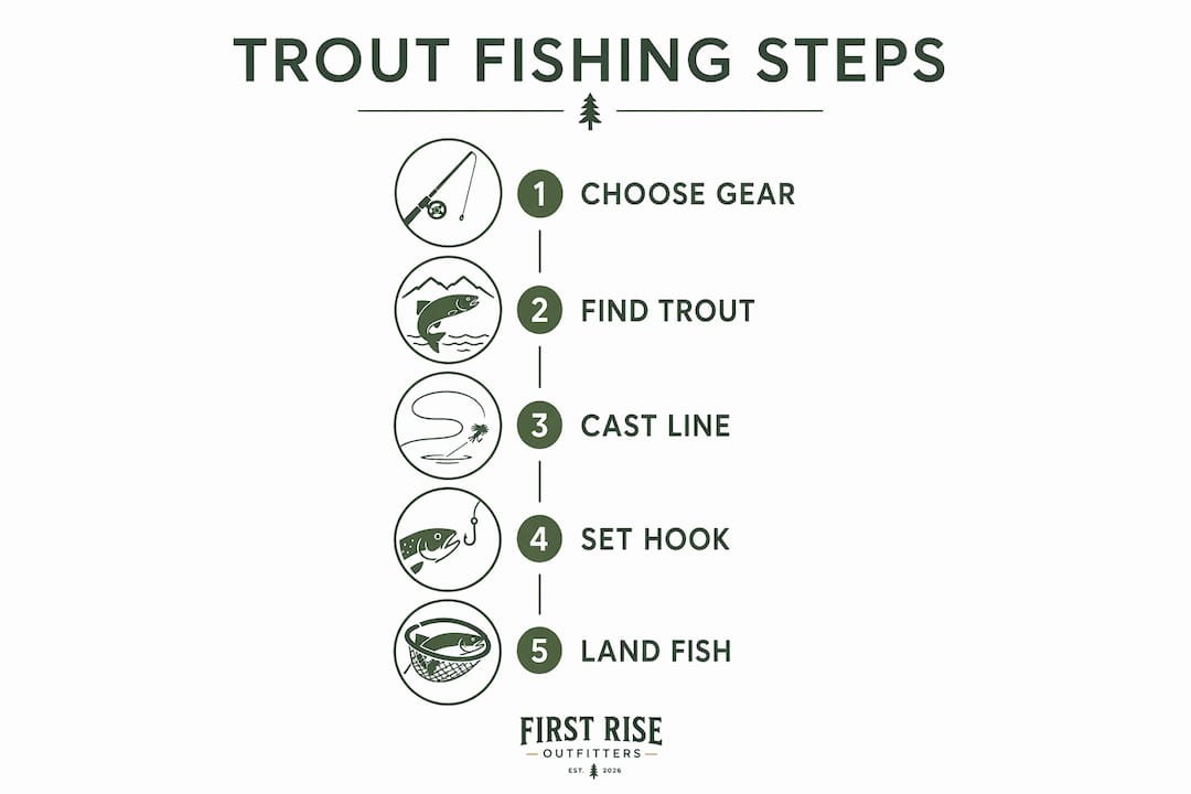 Infographic outlining beginner trout fishing steps