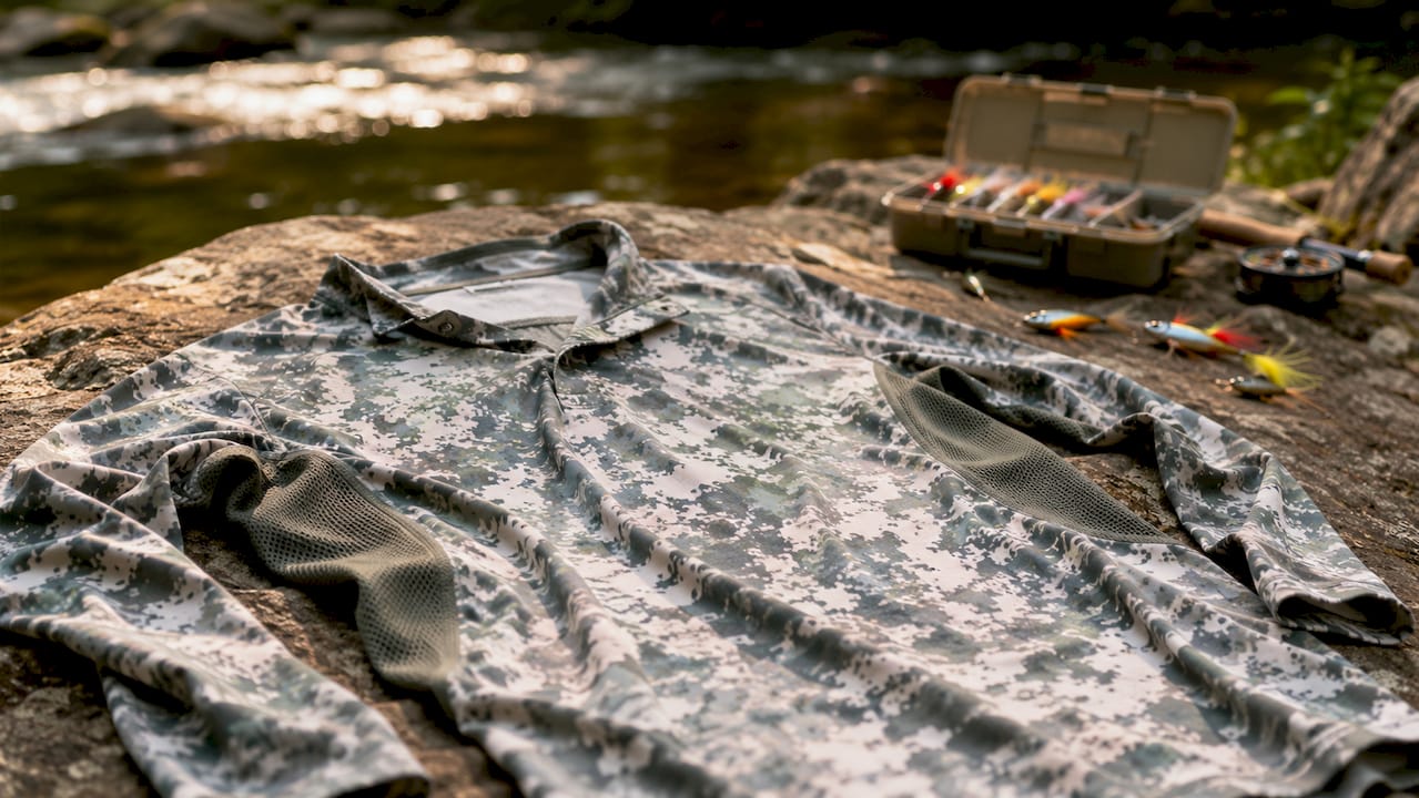 Close-up of camouflage fishing shirt fabric and ventilation