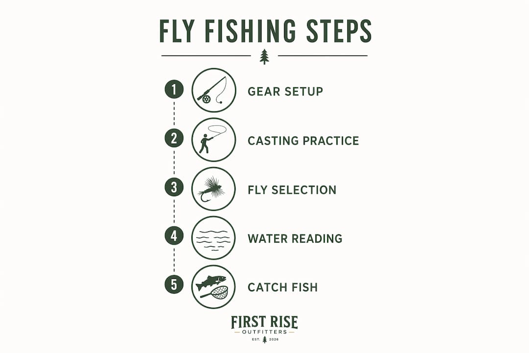 Infographic outlining beginner fly fishing steps