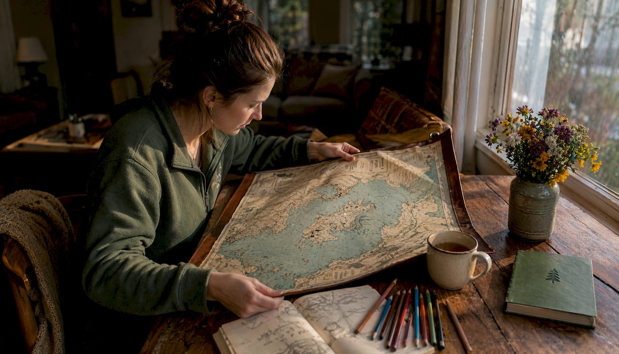 Hands with custom lake fishing map at kitchen table