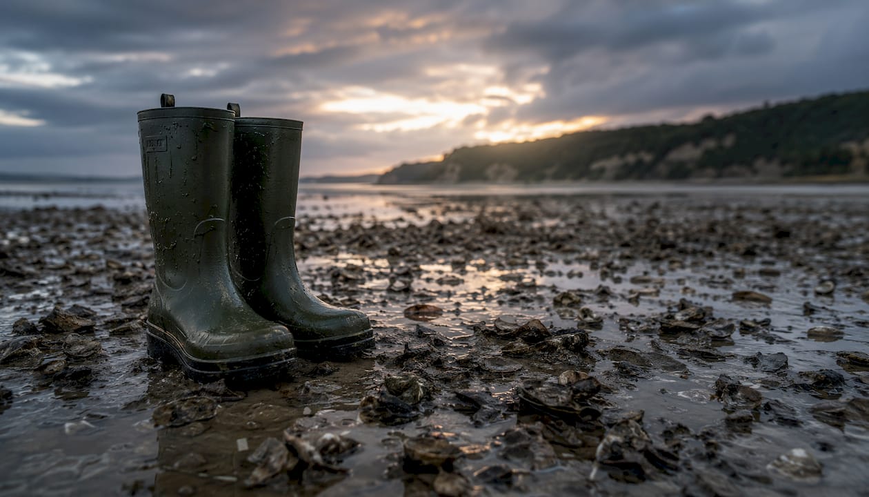 Wading boots gripping oyster-covered marsh ground