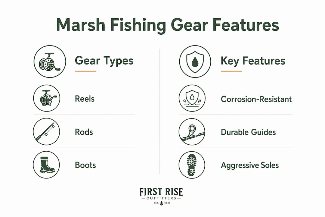 Infographic comparing types of marsh fishing gear and their key features