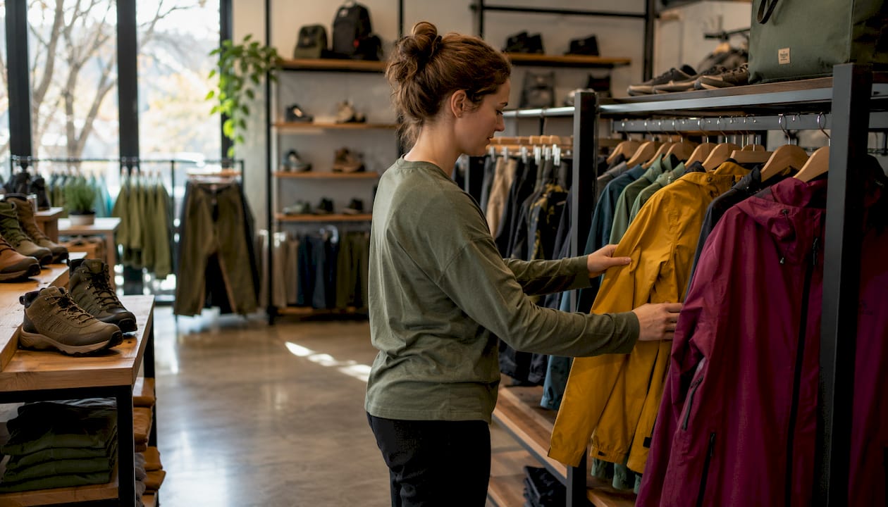 Interior of hiking apparel store with jackets