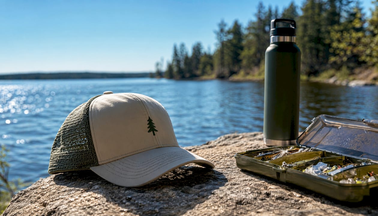 Fishing ball cap showing ventilation detail on dock