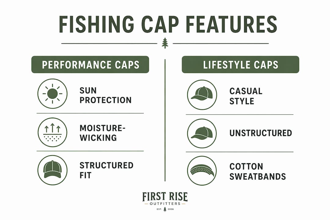 Infographic comparing fishing cap performance vs lifestyle features