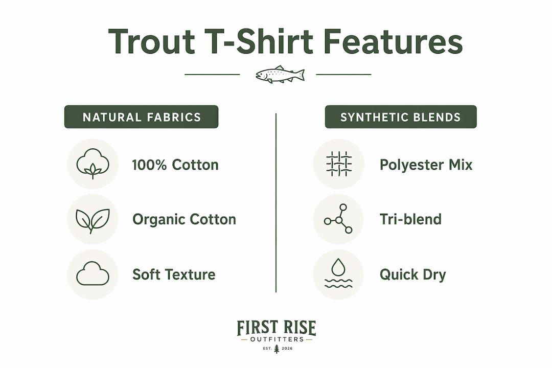 Infographic comparing natural fabrics and synthetic blends for trout fishing t-shirts