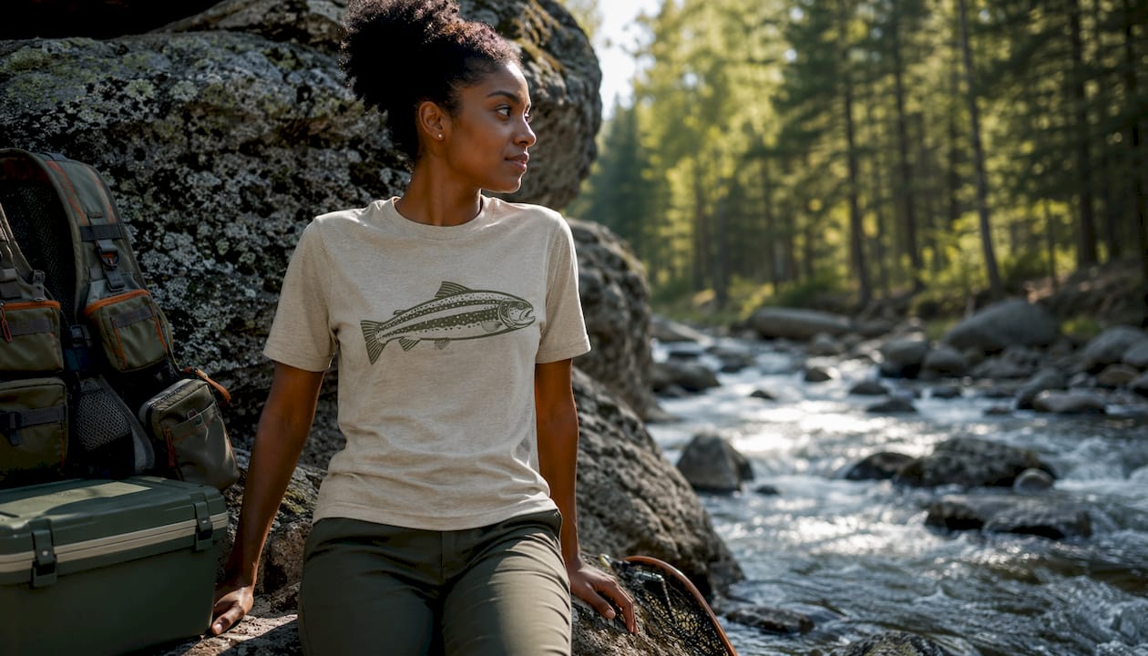 Woman wearing modern trout fishing t-shirt near river at sunset
