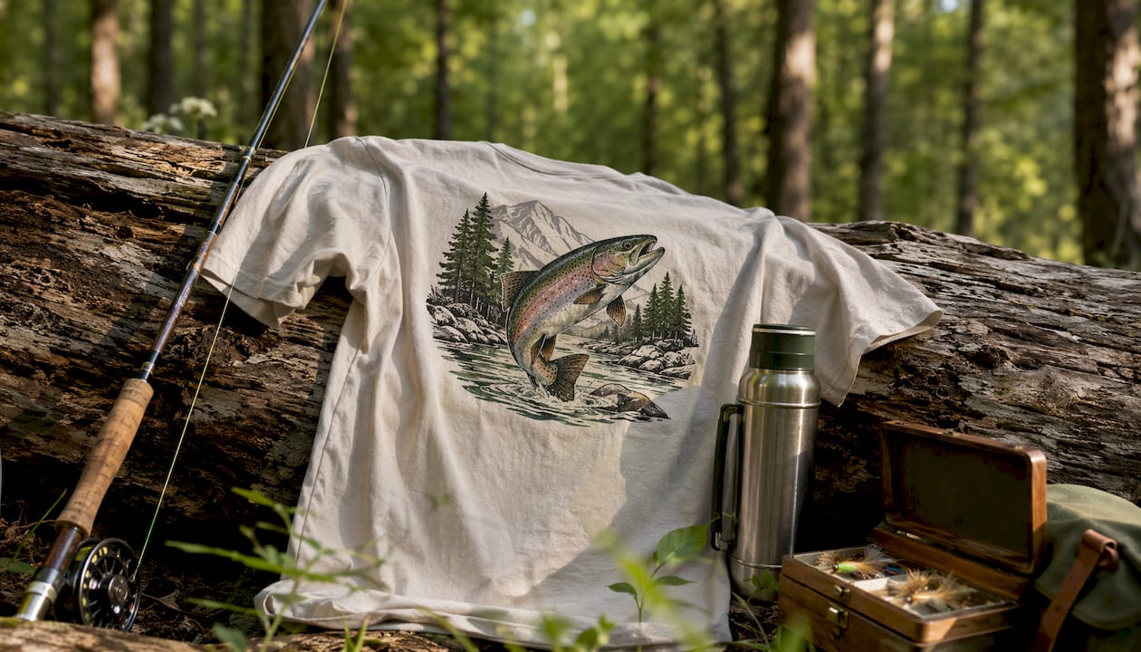 Cotton trout fishing t-shirt with fishing gear