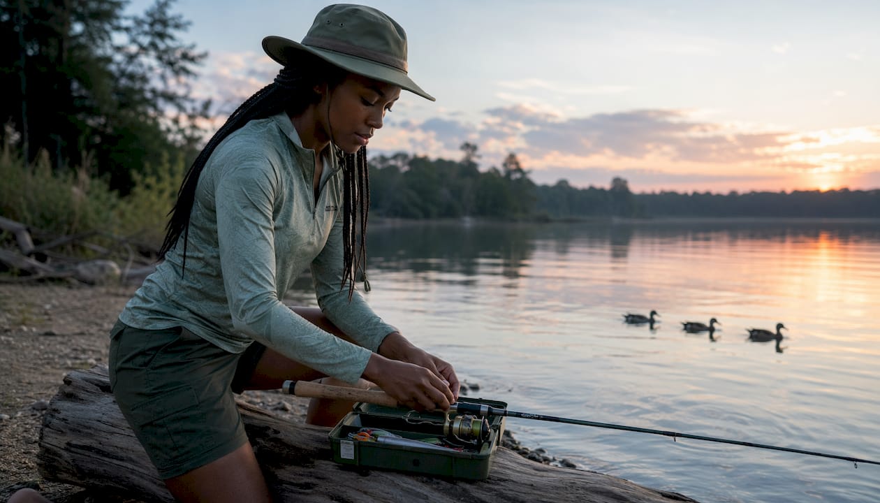 Angler arranging fishing gear at pre-dawn forest stream