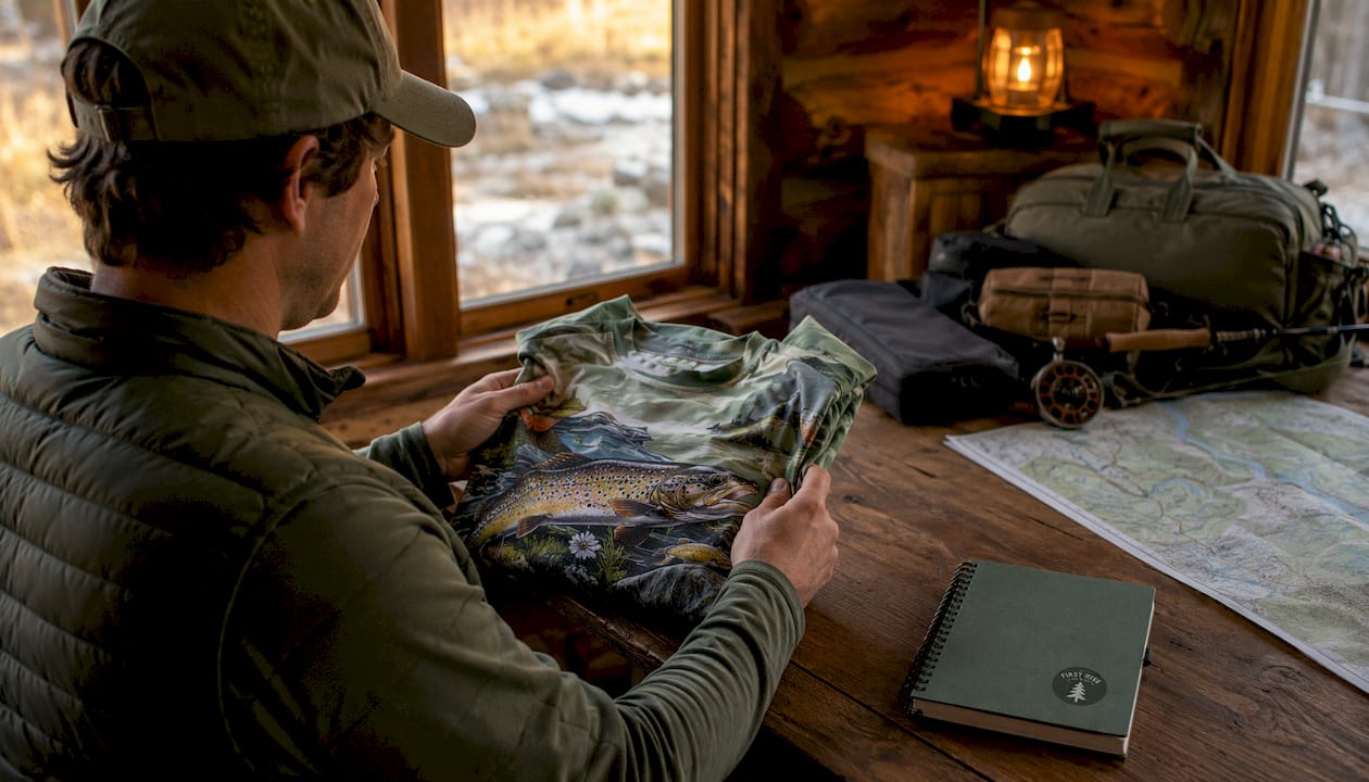Hands folding fishing shirt with conservation design