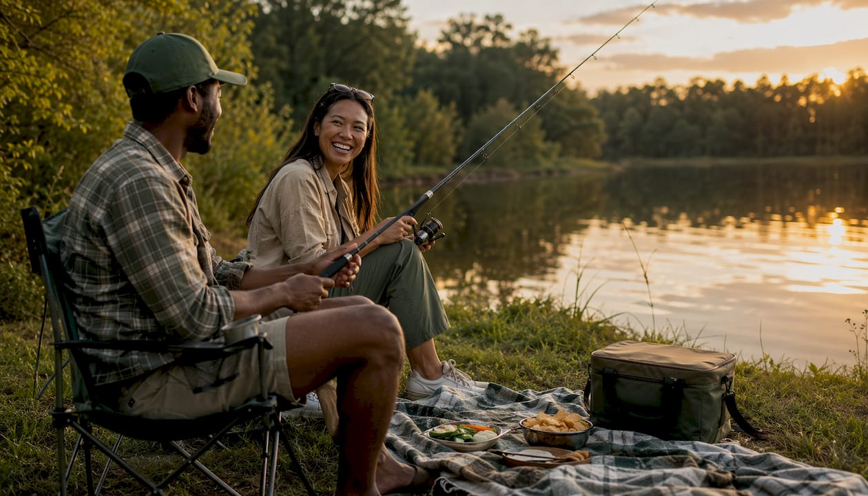 Friends in camp fishing apparel socializing on dock