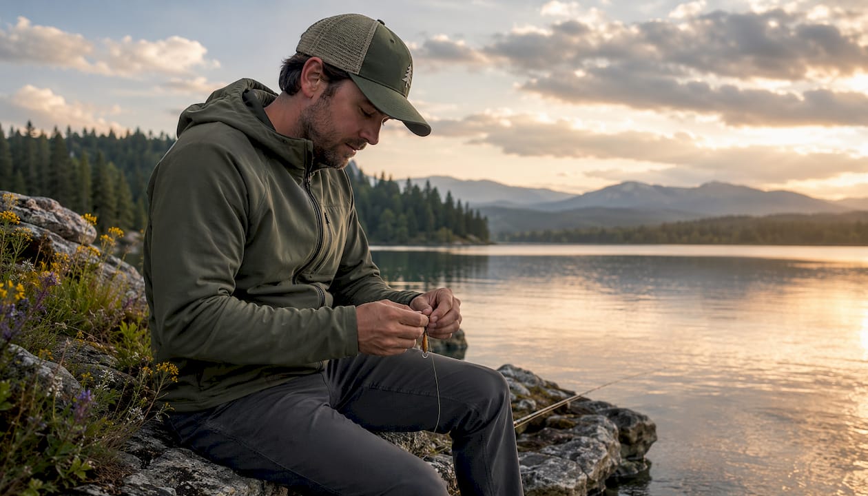 Angler wearing Voltage Jacket in boat on lake at dawn