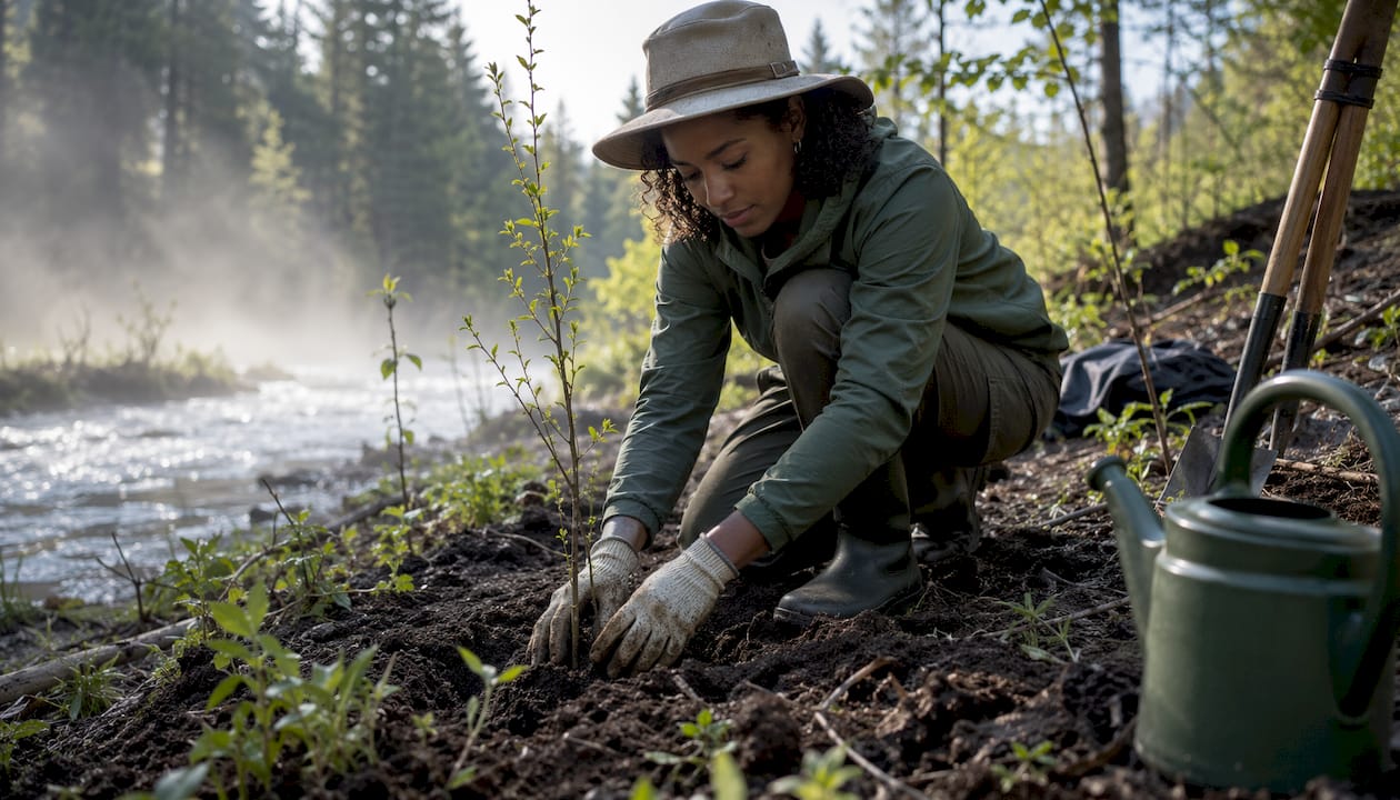 Volunteer planting native trees on riverbank