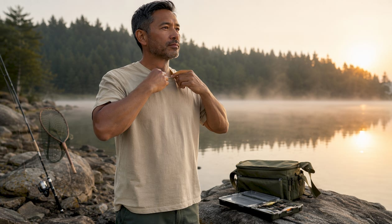 Fisherman adjusting warm dawn fishing tee shirt