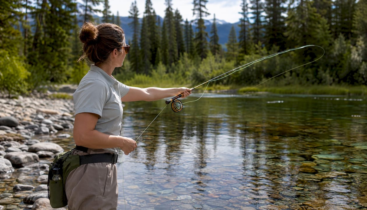 Angler wading river in Simms fishing shirt