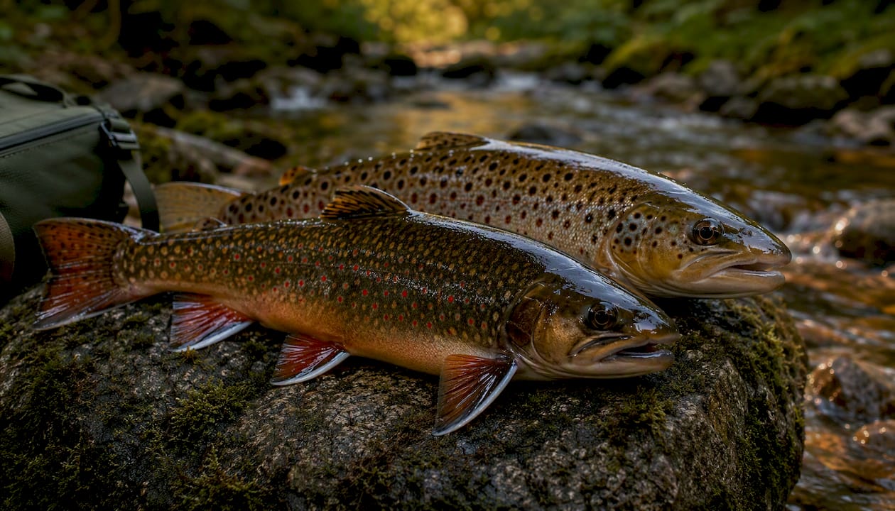 Close-up of brook and brown trout on stream rock